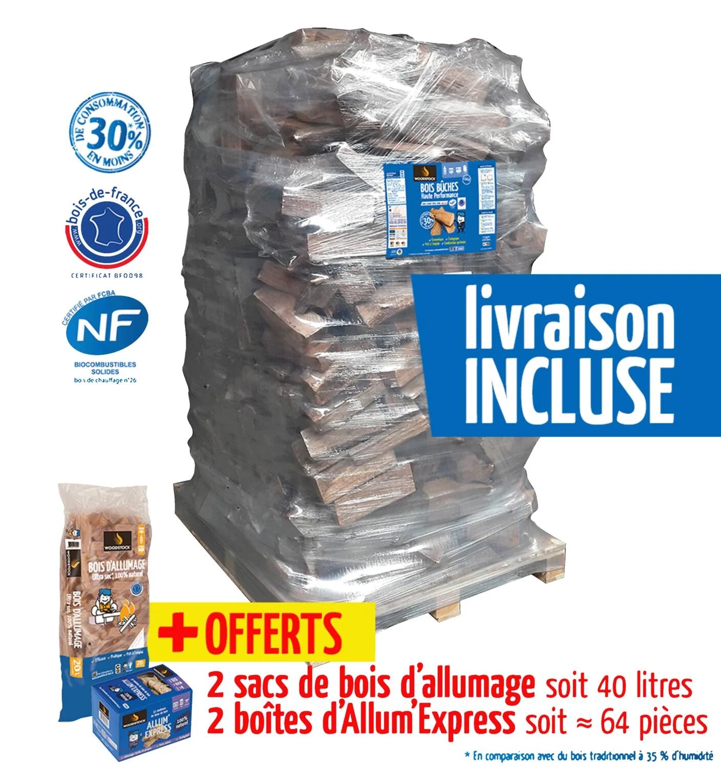 Pack bois de chauffage pour poêle à bois 2000dm³ bûches 40cm - WOODSTOCK