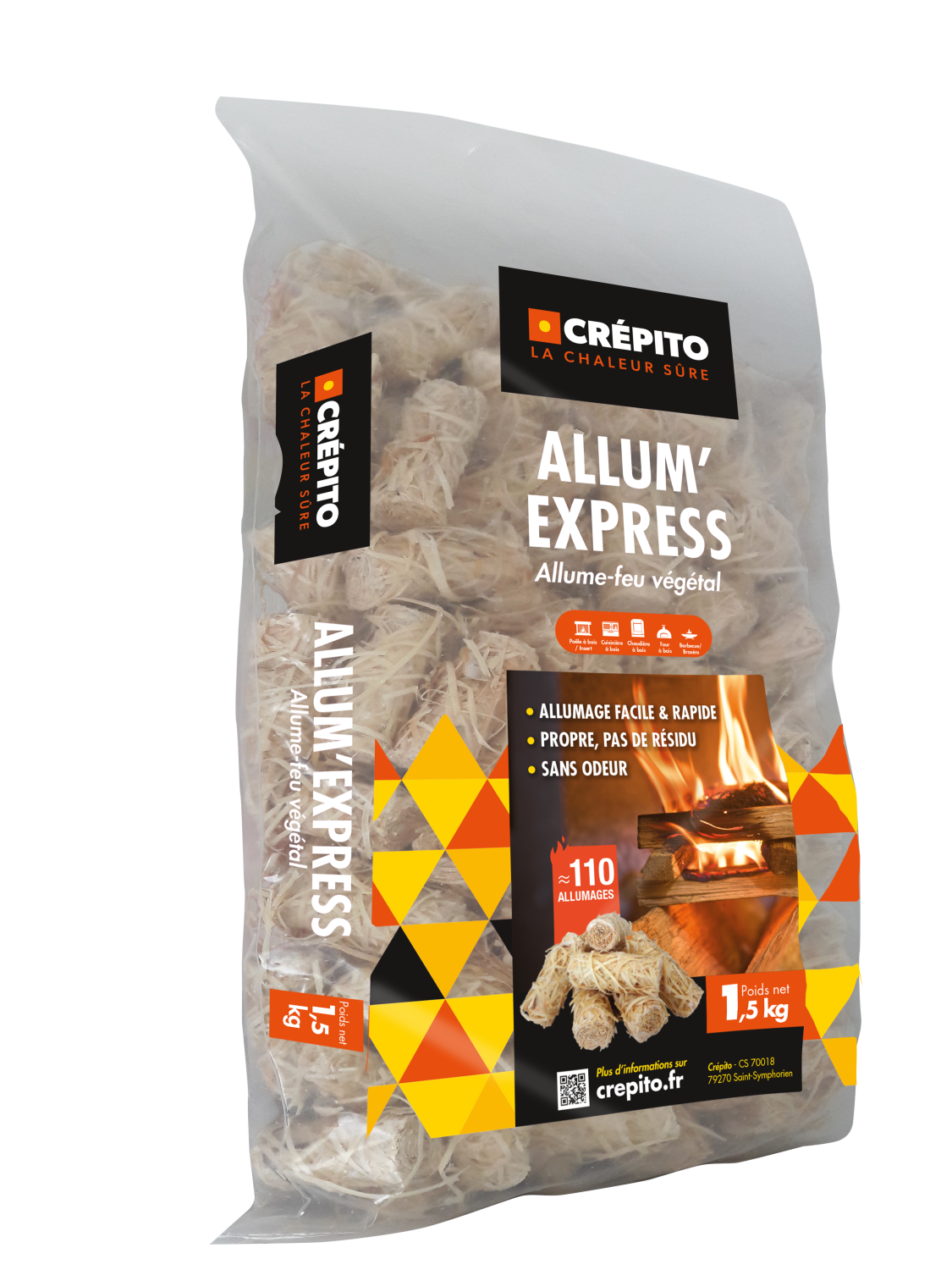 Bûches de bois densifié "Crépito" - 104 packs de 5 bûches (9,65kg) + Bois d'allumage 40L et Allum'express 1,5kg (offerts)