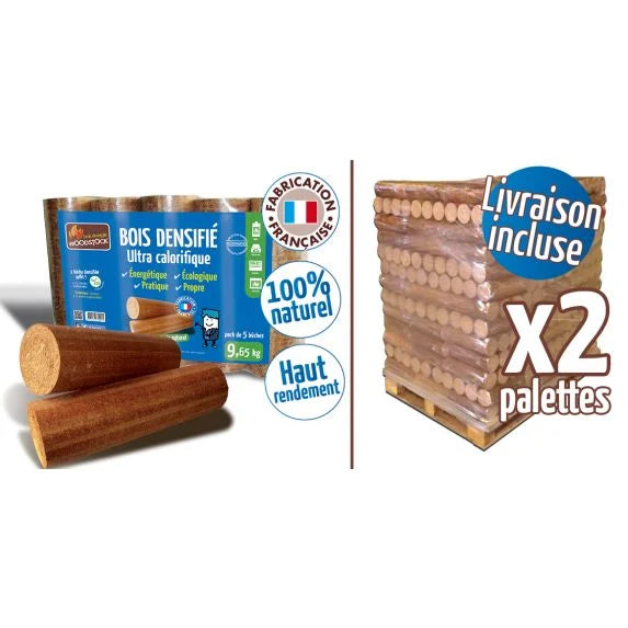 Bûches compressées - 2 palettes de 104 packs de 5 bûches - WOODSTOCK