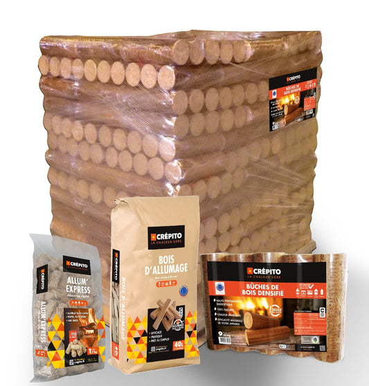 Bûches de bois densifié "Crépito" - 104 packs de 5 bûches (9,65kg) + Bois d'allumage 40L et Allum'express 1,5kg (offerts)